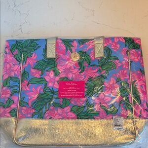 Lilly Pulitzer Vibrant Pink and Blue Tote with Gold Accents